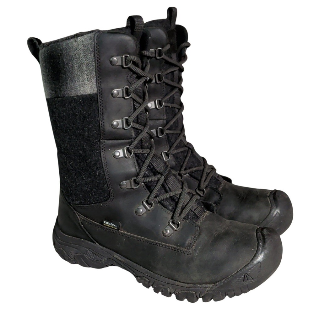 Keen Greta Tall Boots Womens Size 9.5W Black Gray Wool Leather Waterproof Hiking